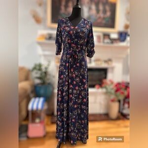Express Women's Blue Floral Maxi Dress Shirtdress Button Front Long Sleeve